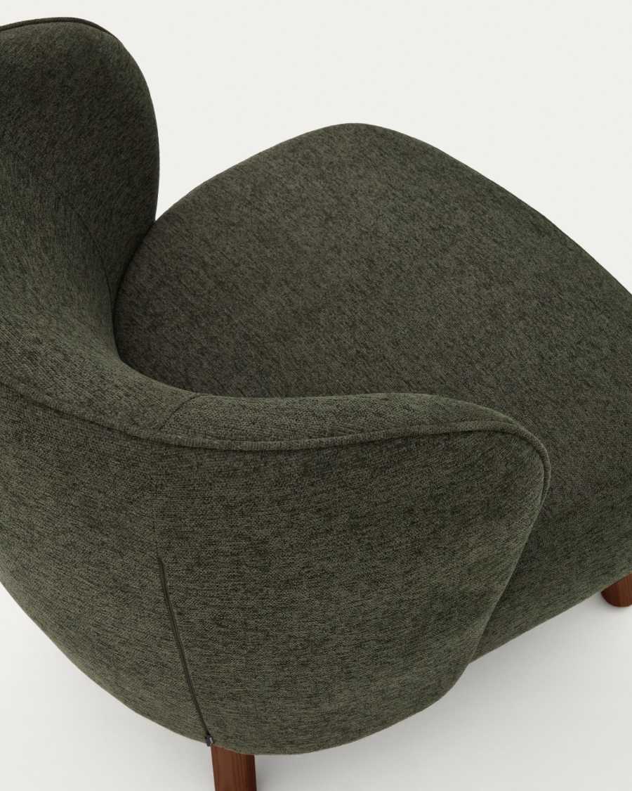 Ulit armchair in green chenille with solid ash wood legs with walnut finish