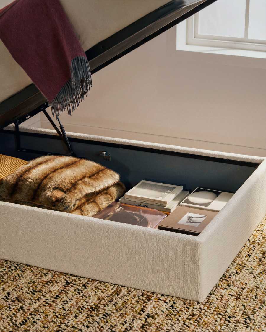 Sommier coffre déhoussable Nelzi en chenille écrue pour matelas de 90 x 200 cm FSC 100 %