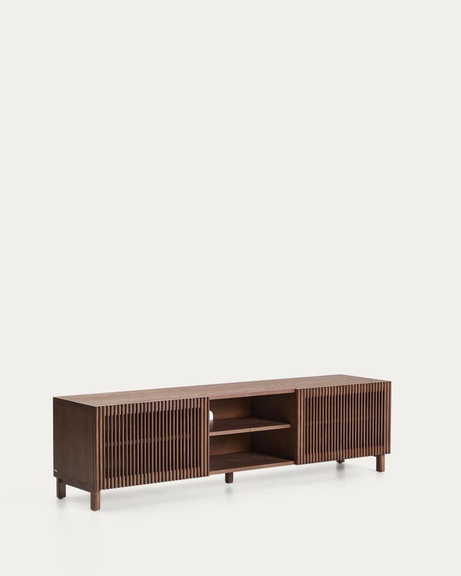 Beyla TV stand with 2 doors in ash veneer and solid ash wood with walnut-tone finish 180 x 49.5 cm FSC 100%