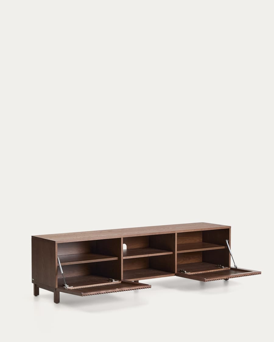 Beyla TV stand with 2 doors in ash veneer and solid ash wood with walnut-tone finish 180 x 49.5 cm FSC 100%