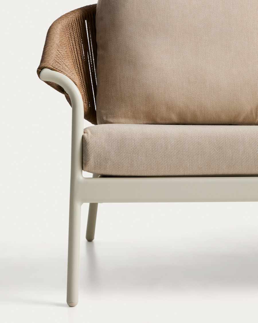 Zuara set with 3-seater sofa, 2 armchairs and outdoor table in ecru aluminium and brown synthetic rope cord