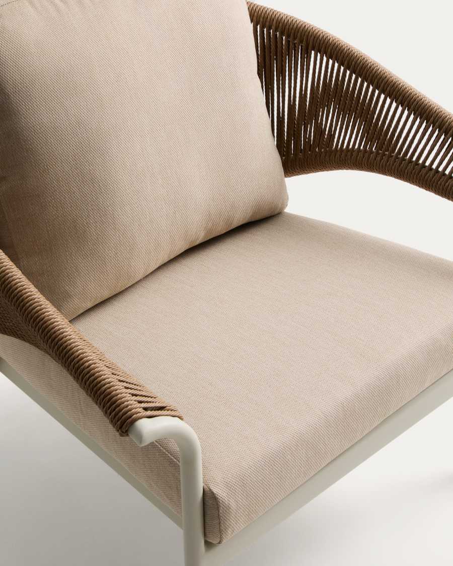 Zuara set with 3-seater sofa, 2 armchairs and outdoor table in ecru aluminium and brown synthetic rope cord