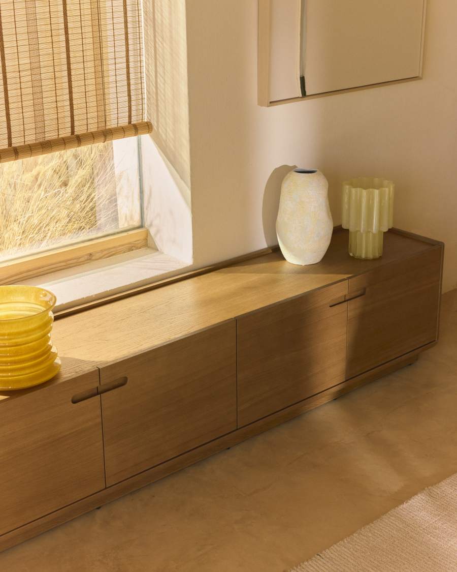 Arelida TV stand made of oak veneer and solid oak wood with light brown finish 200 x 44cm