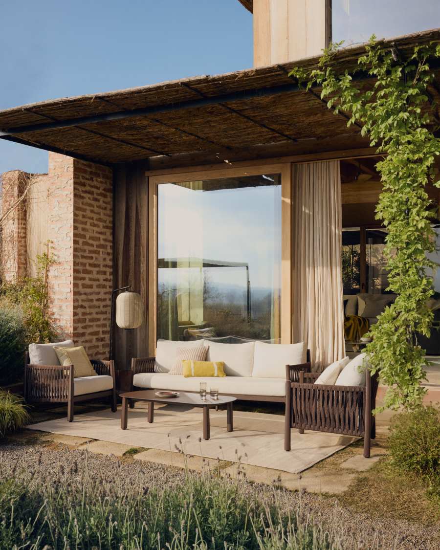 Ensemble Aleria : canapé 3 places, 2 fauteuils et table basse en aluminium et corde synthétique marron