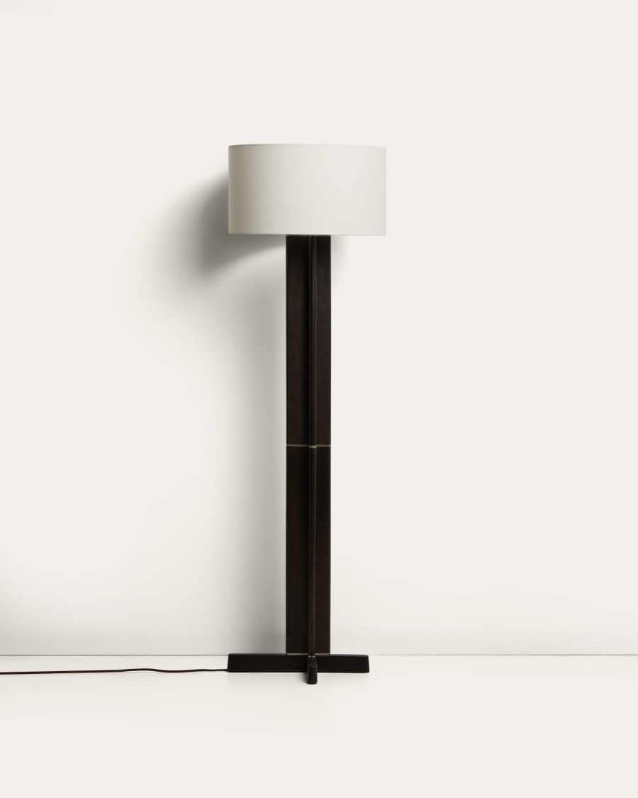 Niani floor lamp in rubber wood with dark finish and ivory-coloured cotton lamp shade with UK adaptor