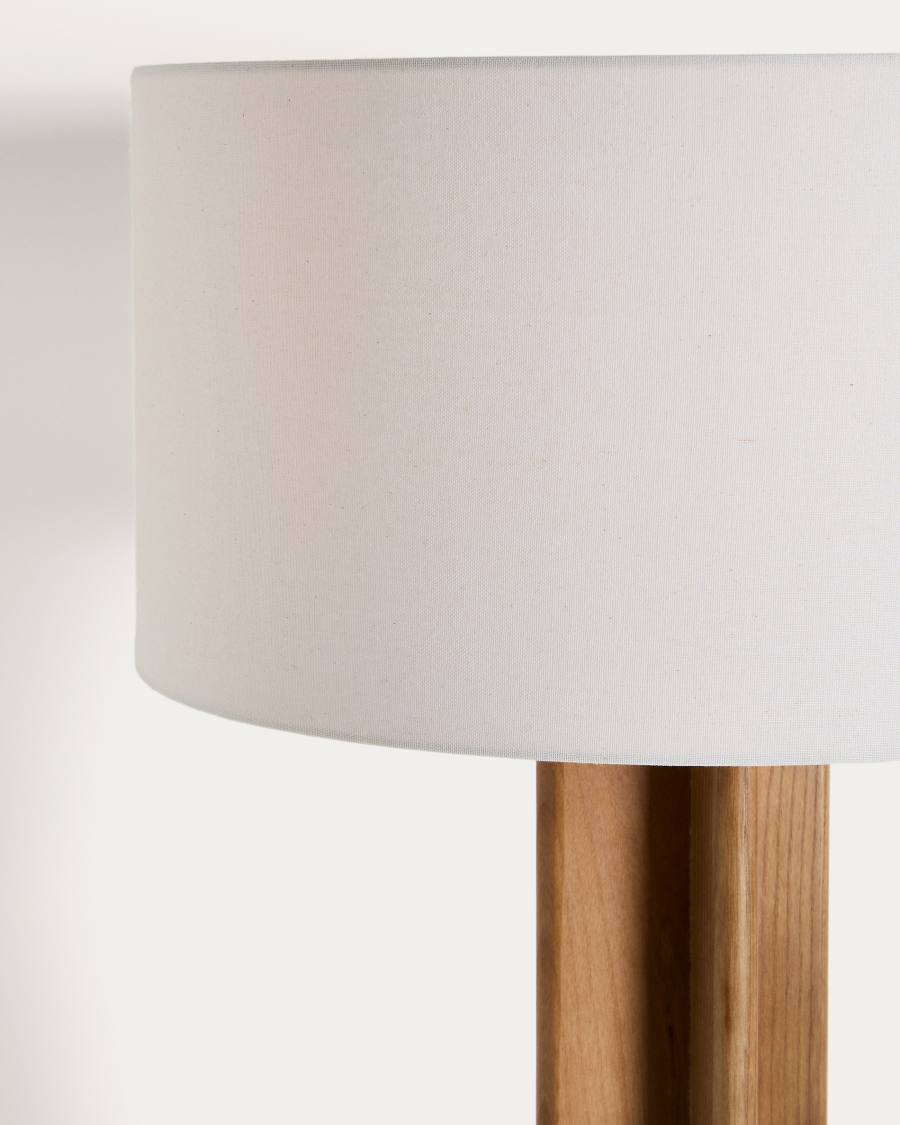 Floor lamp in rubber wood with clear finish and ivory-coloured cotton lamp shade with UK adaptor