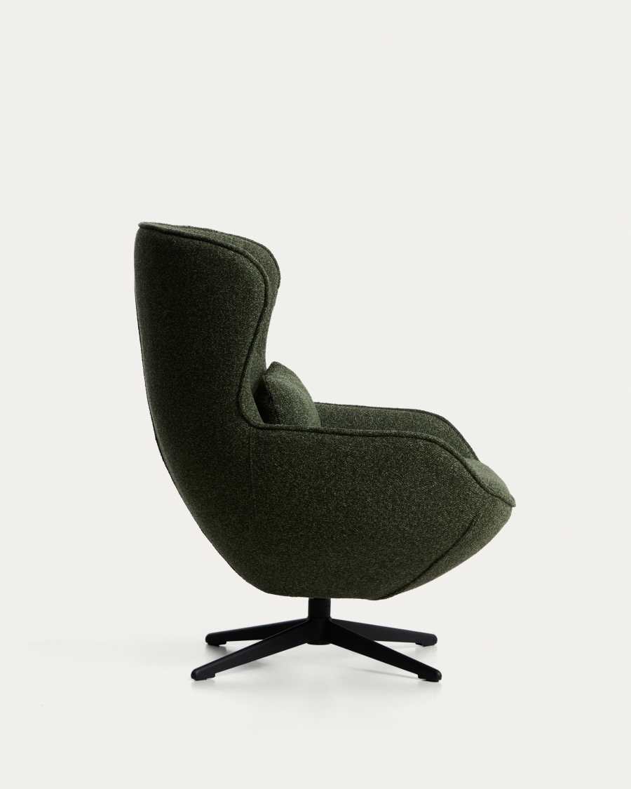 Sorile swivel armchair in dark green chenille and steel with black finish FSC 100%