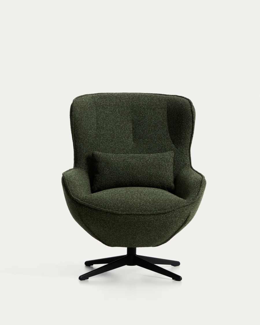 Sorile swivel armchair in dark green chenille and steel with black finish FSC 100%