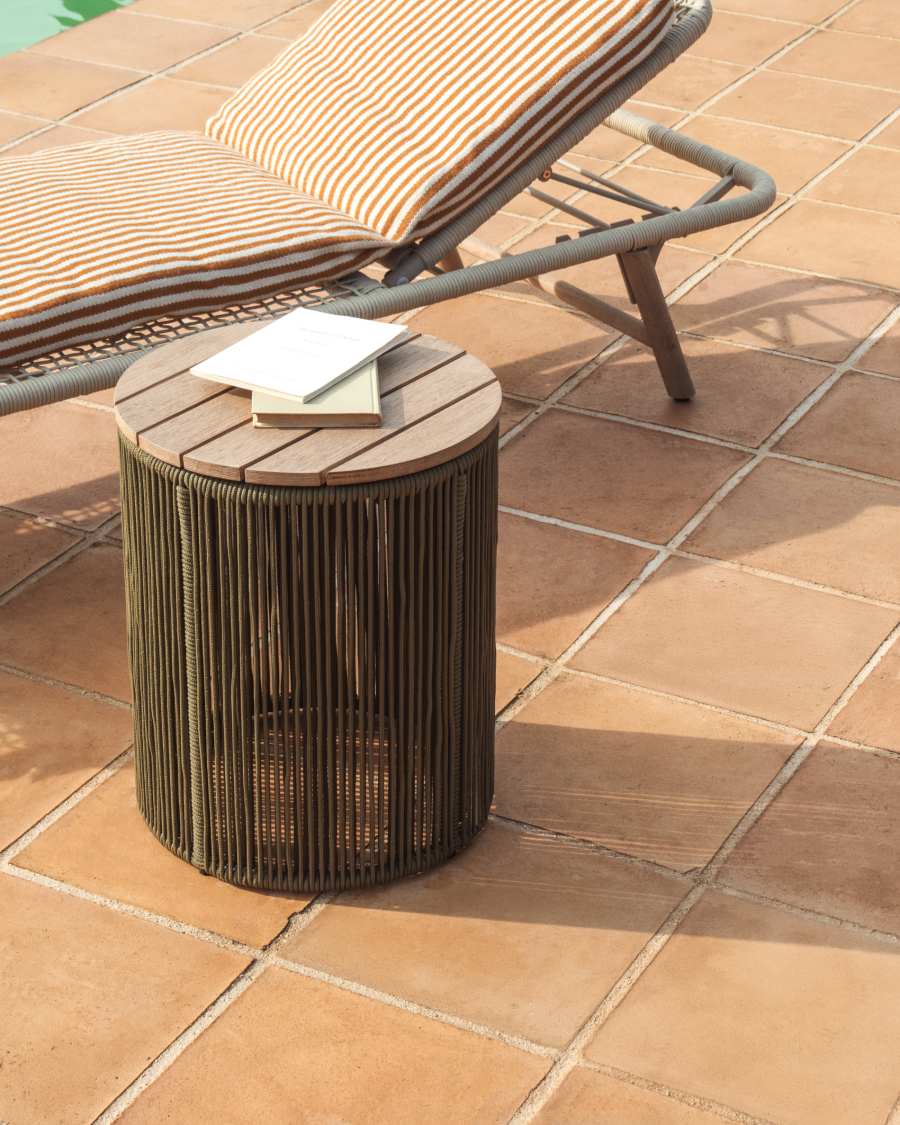 Dandara side table in steel, green rope cord and solid acacia wood Ø40cm FSC 100%