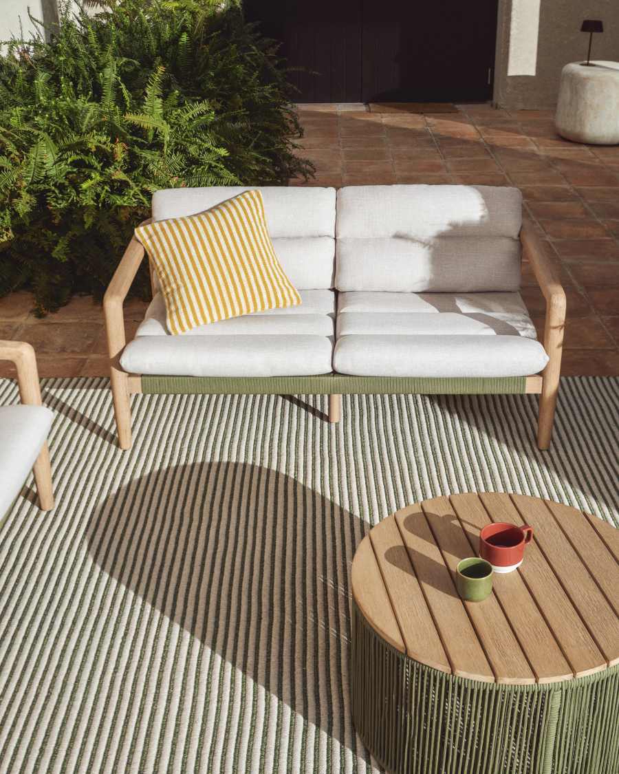 3-Sitzer-Sofa Menfi aus massivem Akazienholz und grünem Seil, 136 cm