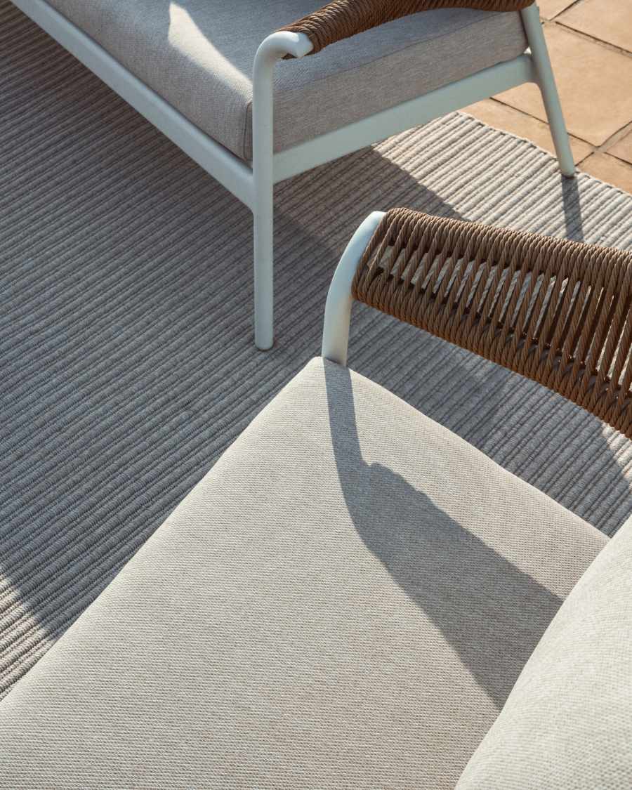 Set Zuara con divano 3 posti, 2 poltrone e tavolo da esterno in alluminio écru e corda sintetica marrone