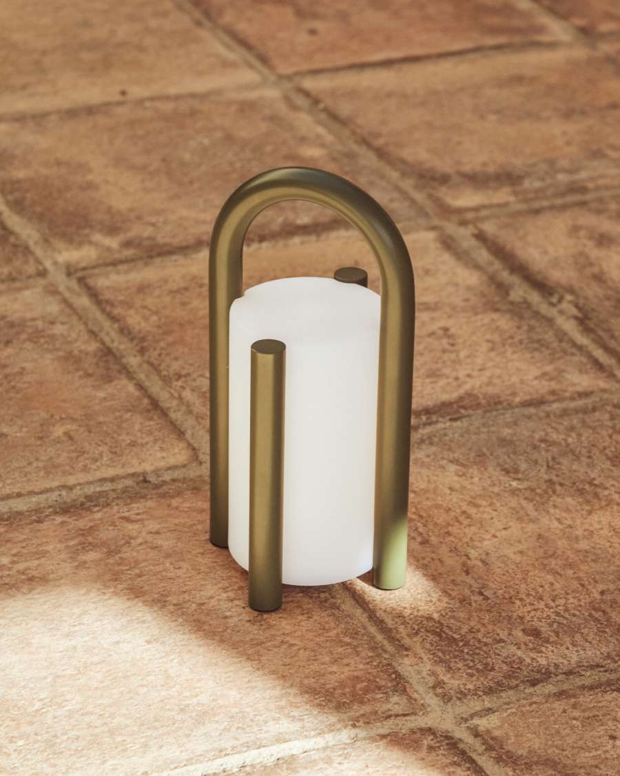 Kleine tragbare Tischlampe Leros aus Polyethylen und grünem Stahl