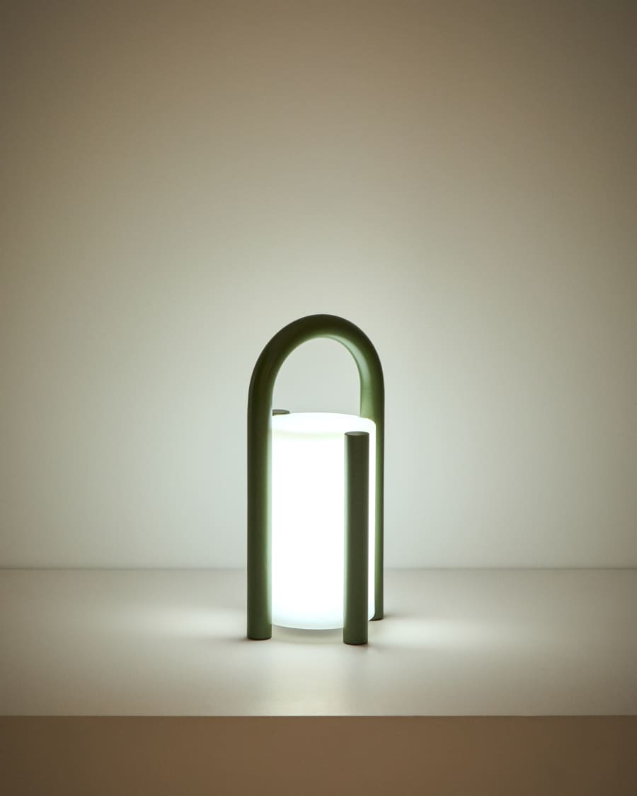 Kleine tragbare Tischlampe Leros aus Polyethylen und grünem Stahl