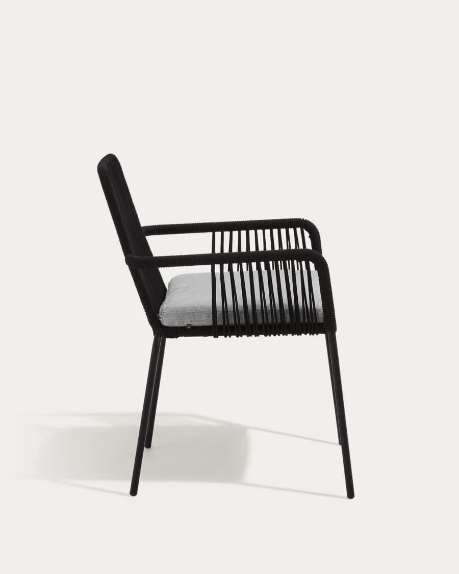 Samanta stackable chair made from black cord and galvanised steel legs.