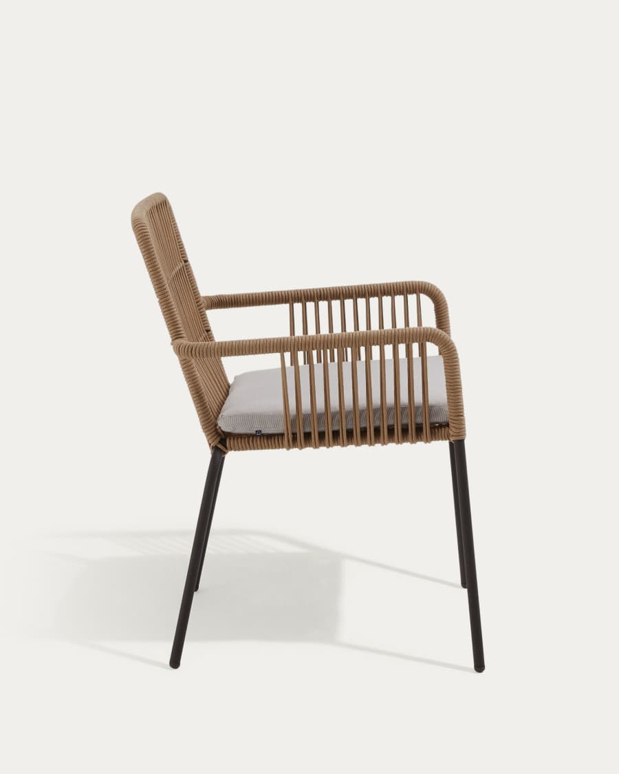 Samanta stackable chair made from beige cord and galvanised steel legs.