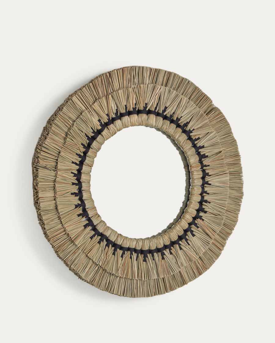 Akila round mirror made from beige natural fibres and black cotton cord, 60 cm