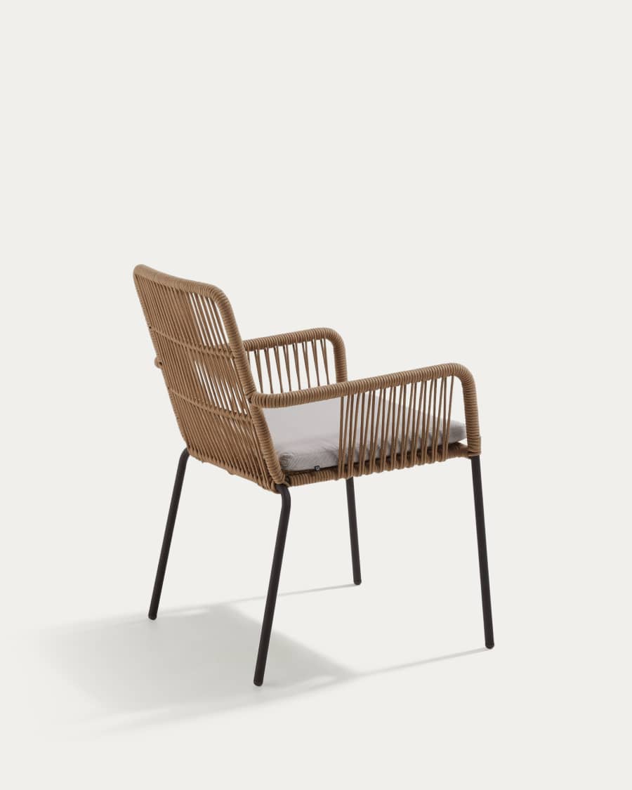 Samanta stackable chair made from beige cord and galvanised steel legs.