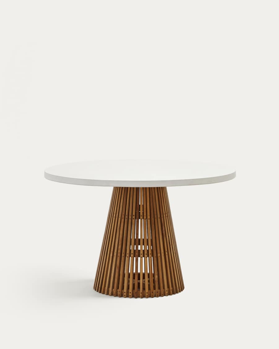 Taula rodona d'exterior Alcaufar de fusta massissa de teca i ciment blanc Ø 120 cm