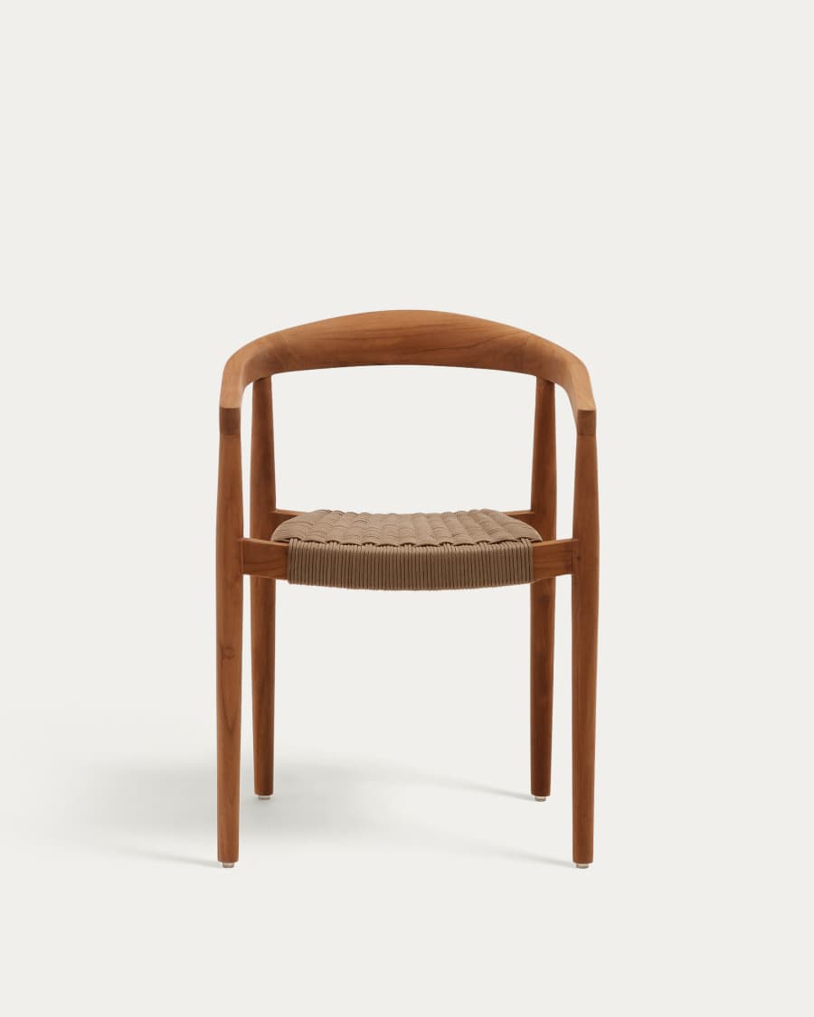 Ydalia stackable outdoor chair in solid teak wood with natural finish and beige rope