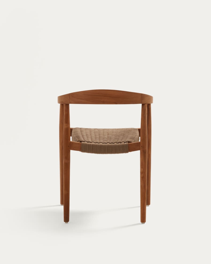 Ydalia stackable outdoor chair in solid teak wood with natural finish and beige rope