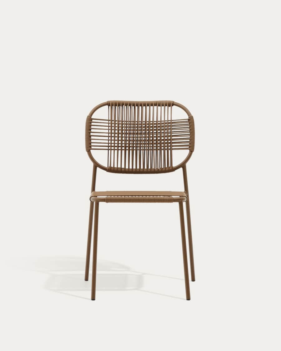 Talaier stackable outdoor chair made of synthetic rope and galvanized steel in brown finish