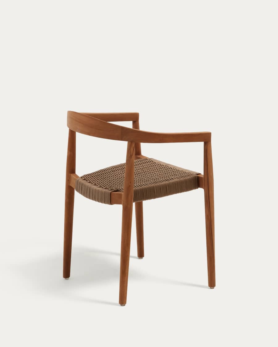 Ydalia stackable outdoor chair in solid teak wood with natural finish and beige rope