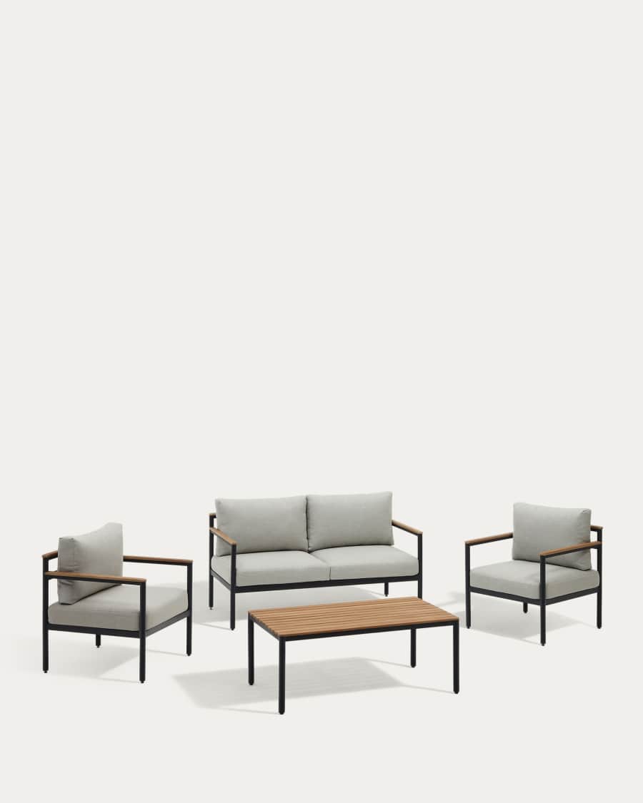 Aiguafreda set, 2 seater sofa, 2 chairs & coffee table made from grey aluminium & acacia