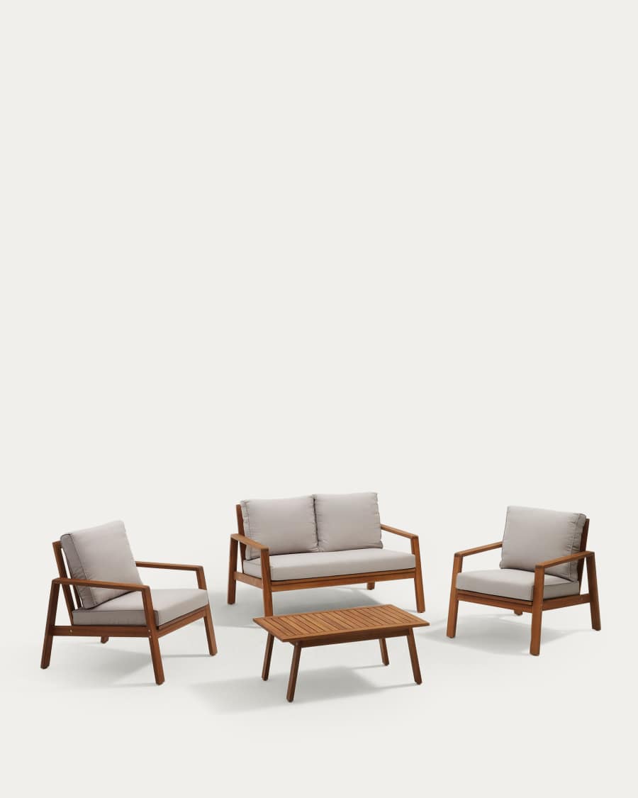 Ensemble Frares de canapé 2 places, 2 fauteuils et table basse en bois d'acacia