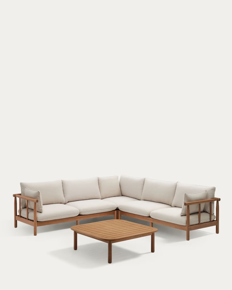 Σετ γωνιακού καναπέ 5θ και τραπέζι σαλονιού Sacova, μασίφ ξύλο ευκαλύπτου