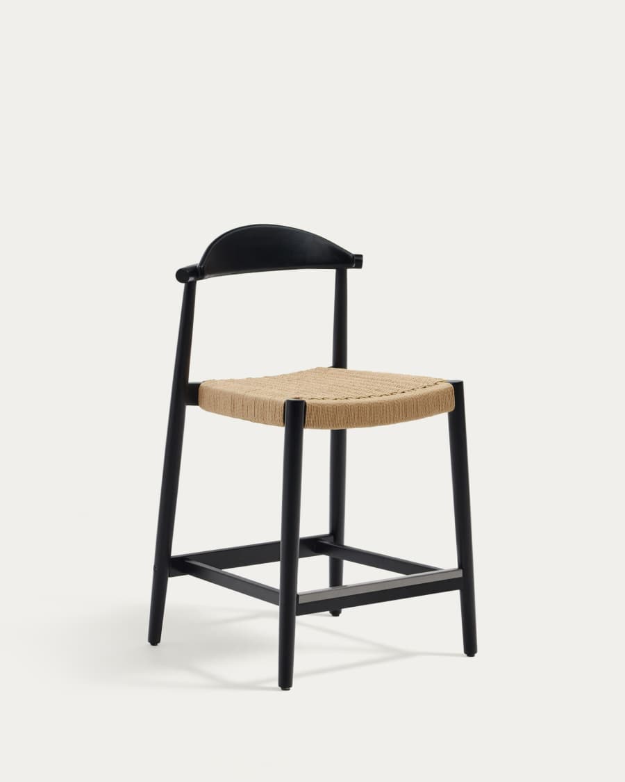 Nina stool made of solid acacia wood with black finish and beige rope height 62 cm