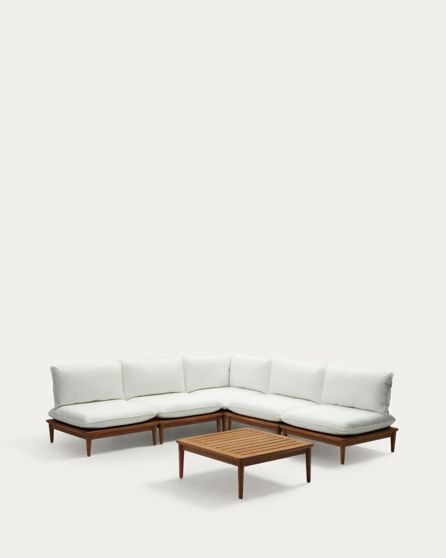 Portitxol set of 1 corner armchair, 4 modular armchairs and coffee table in solid teak