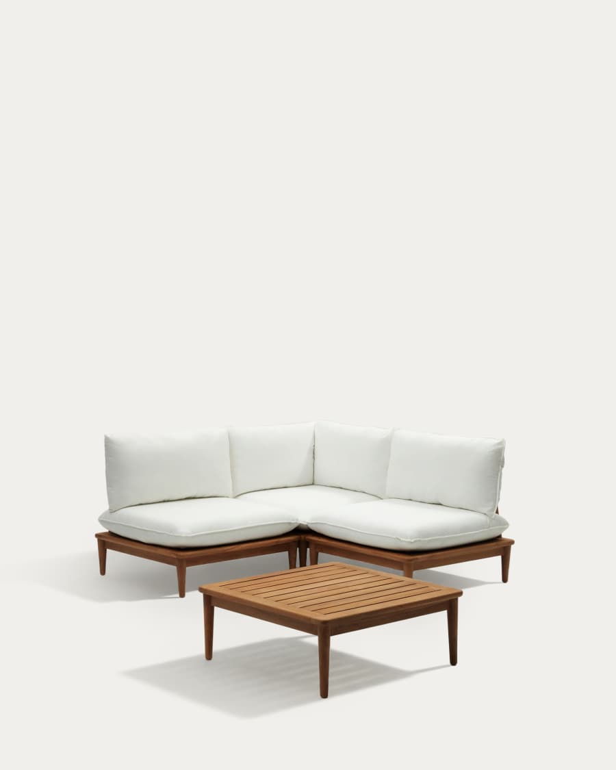 Set modulare Portitxol poltrona angolare, 2 poltrone e tavolino in legno massiccio di teak