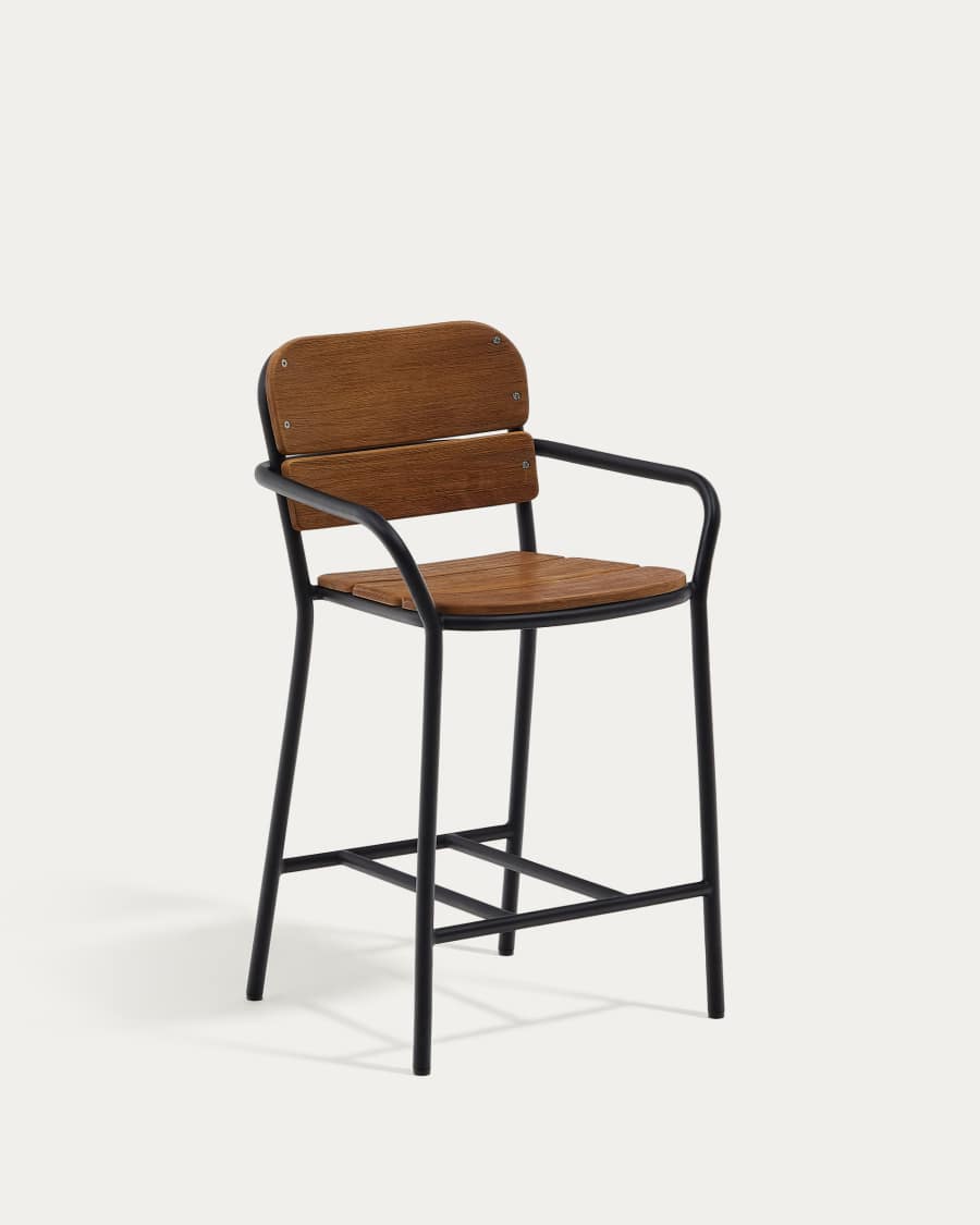 Algueret Hocker aus massivem Eukalyptusholz, Naturfinish, schwarzes Aluminium, 65 cm, FSC 100%