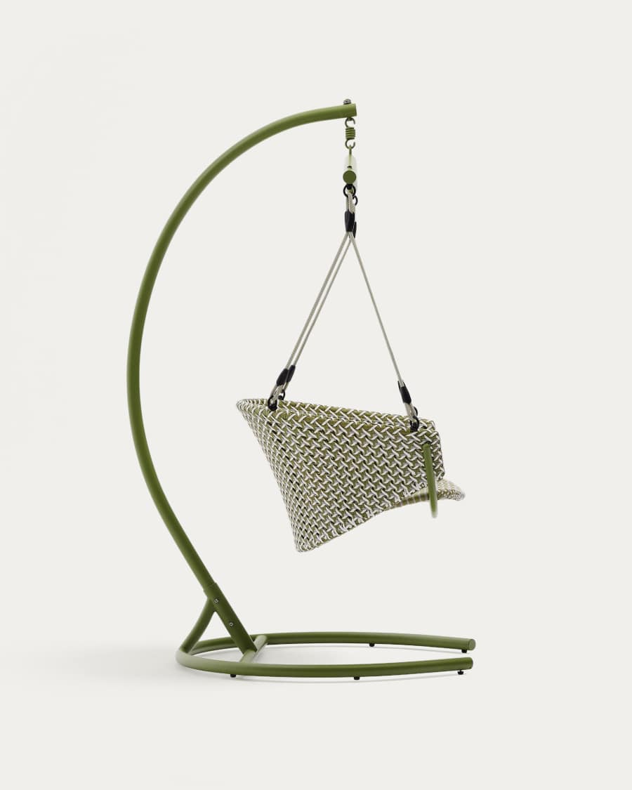 Saliga green hanging armchair with base in aluminium and synthetic rattan