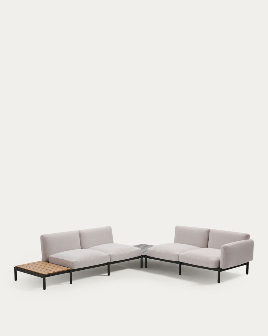 Sorells outdoor modular 4-seater corner sofa with beige upholstery and grey aluminium with teak table 353 x 316.5cm FSC 100%
