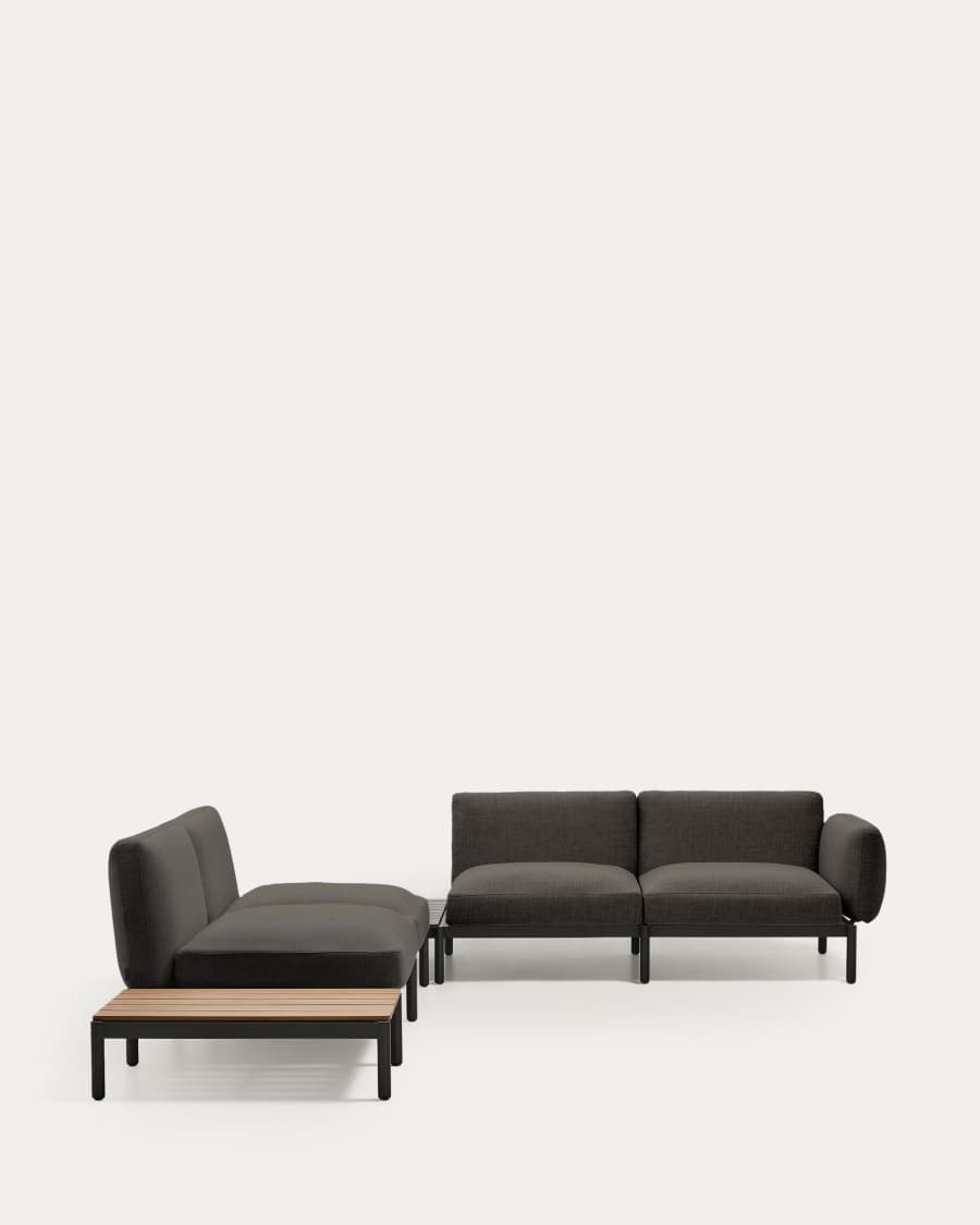 Canapé d’angle modulable d'extérieur Sorells 4 places revêtement gris et aluminium gris accompagné d’une table en teck 353 x 316,5 cm FSC 100 %