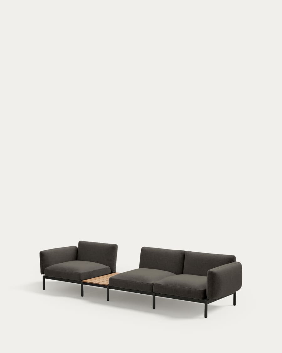 Sorells outdoor modular 3-seater sofa with grey upholstery and grey aluminium with teak table 341 x 113cm FSC 100%
