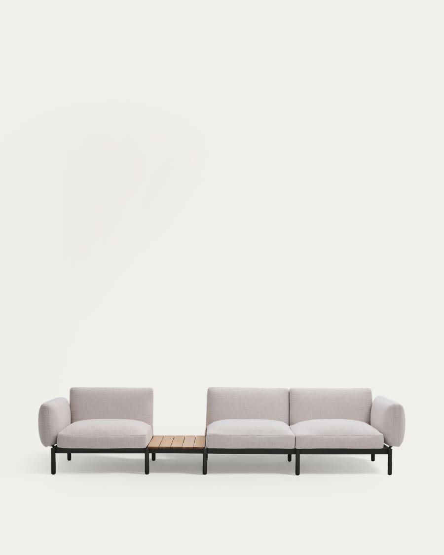 Sorells outdoor modular 3-seater sofa with beige upholstery and grey aluminium with teak table 341 x 113cm FSC 100%