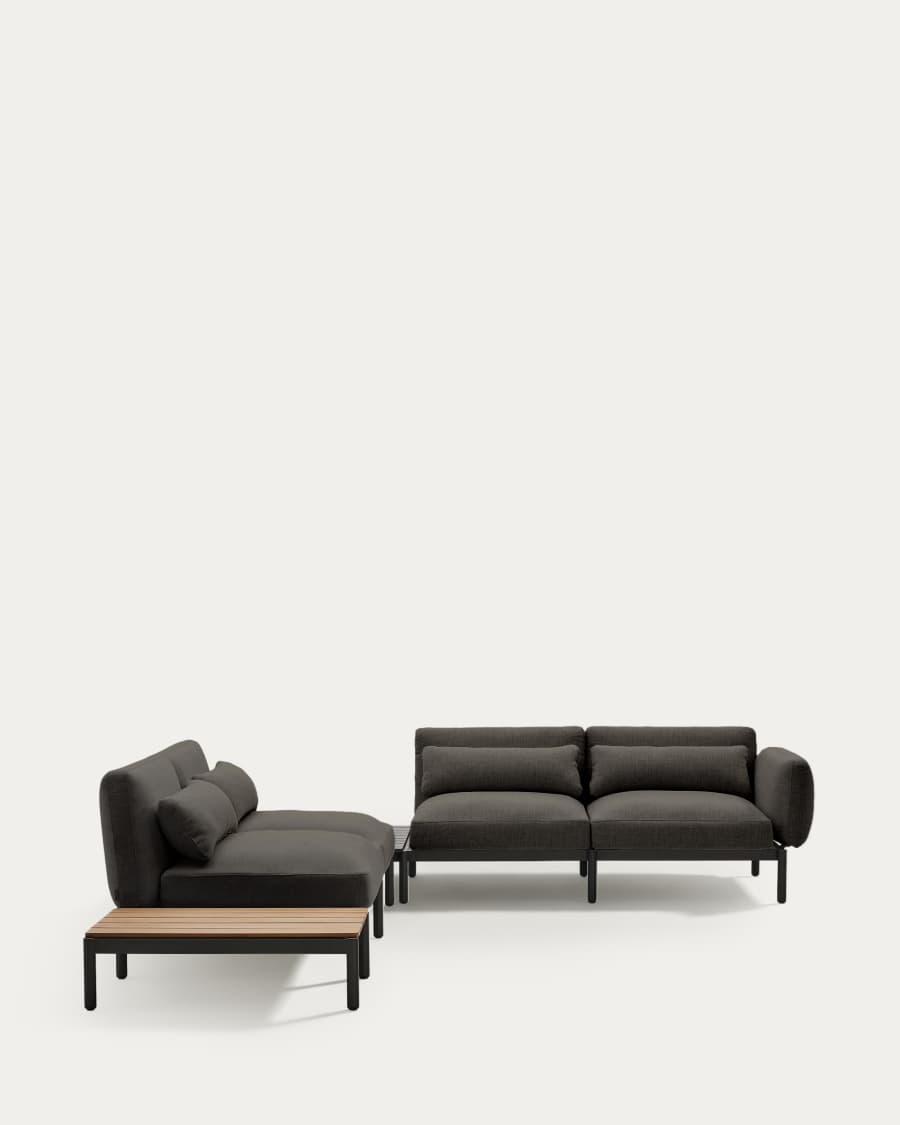 Canapé d’angle modulable d'extérieur Sorells 4 places revêtement gris et aluminium gris accompagné d’une table en teck 353 x 316,5 cm FSC 100 %