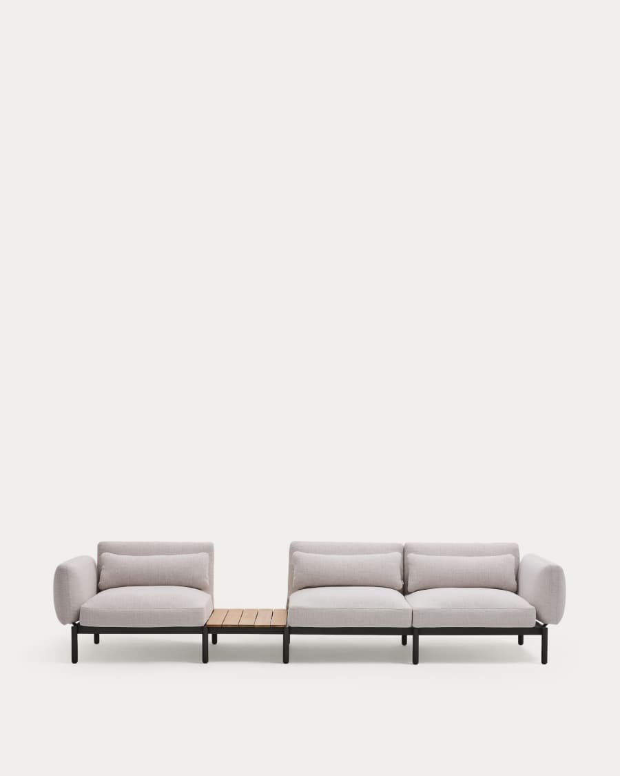 Sorells outdoor modular 3-seater sofa with beige upholstery and grey aluminium with teak table 341 x 113cm FSC 100%