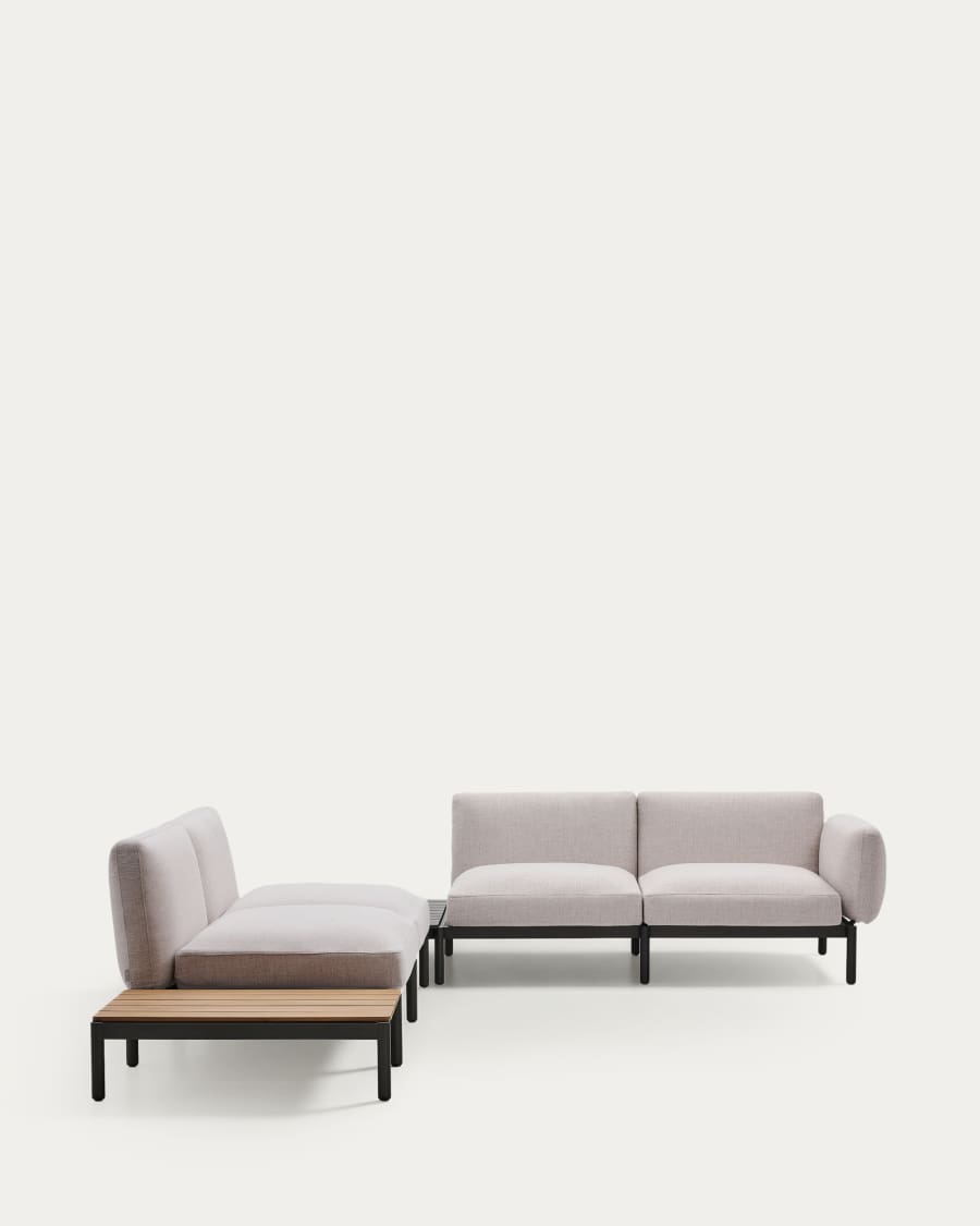 Sorells outdoor modular 4-seater corner sofa with beige upholstery and grey aluminium with teak table 353 x 316.5cm FSC 100%