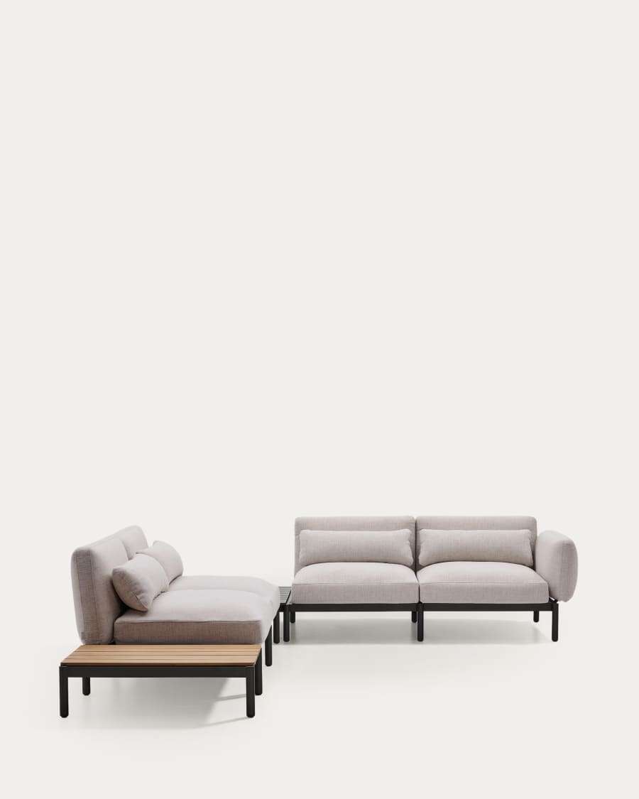 Sorells outdoor modular 4-seater corner sofa with beige upholstery and grey aluminium with teak table 353 x 316.5cm FSC 100%