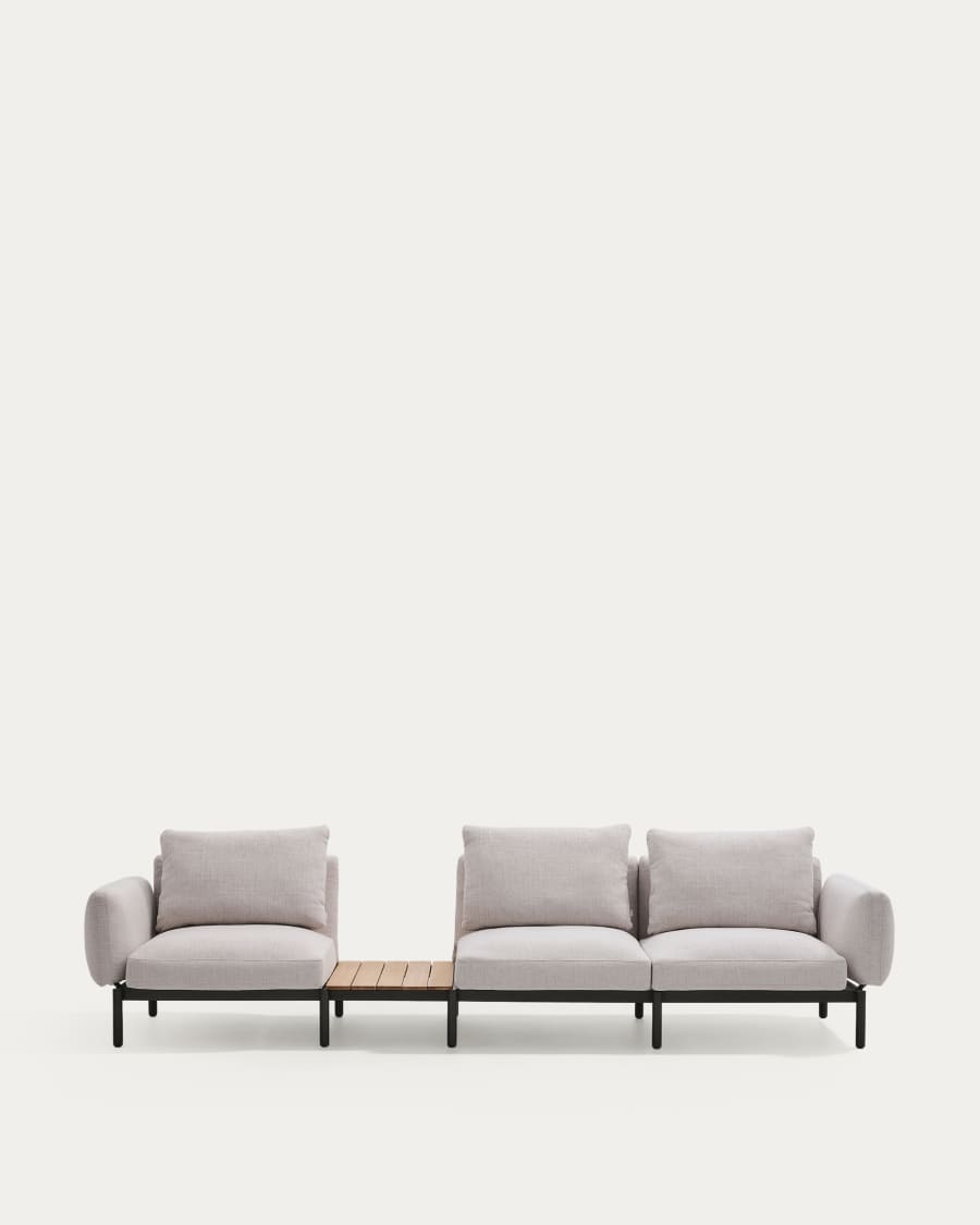 Sorells outdoor modular 3-seater sofa with beige upholstery and grey aluminium with teak table 341 x 113cm FSC 100%