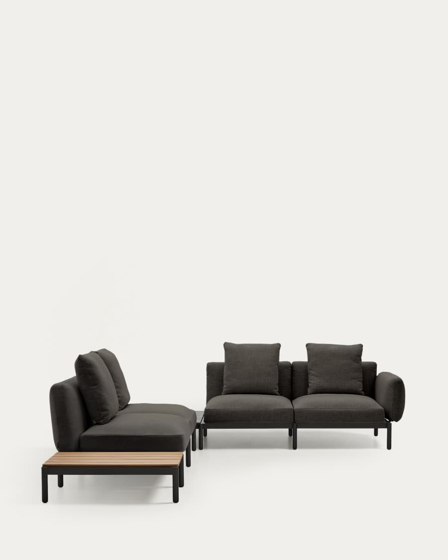 Canapé d’angle modulable d'extérieur Sorells 4 places revêtement gris et aluminium gris accompagné d’une table en teck 353 x 316,5 cm FSC 100 %