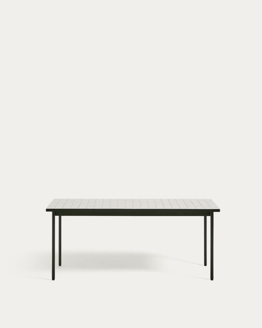 Maurina outdoor table in green galvanised steel with ecru-colored tiles 182 x 91cm