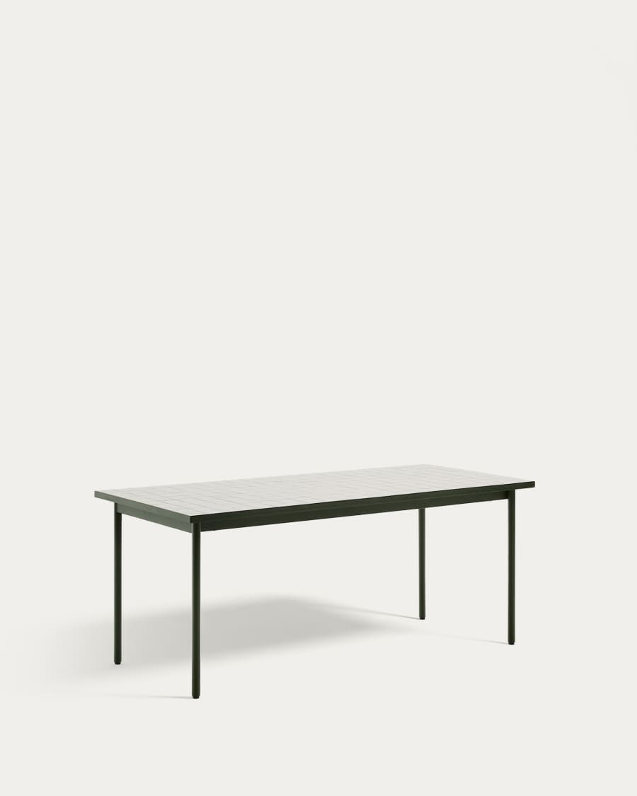 Maurina outdoor table in green galvanised steel with ecru-colored tiles 182 x 91cm
