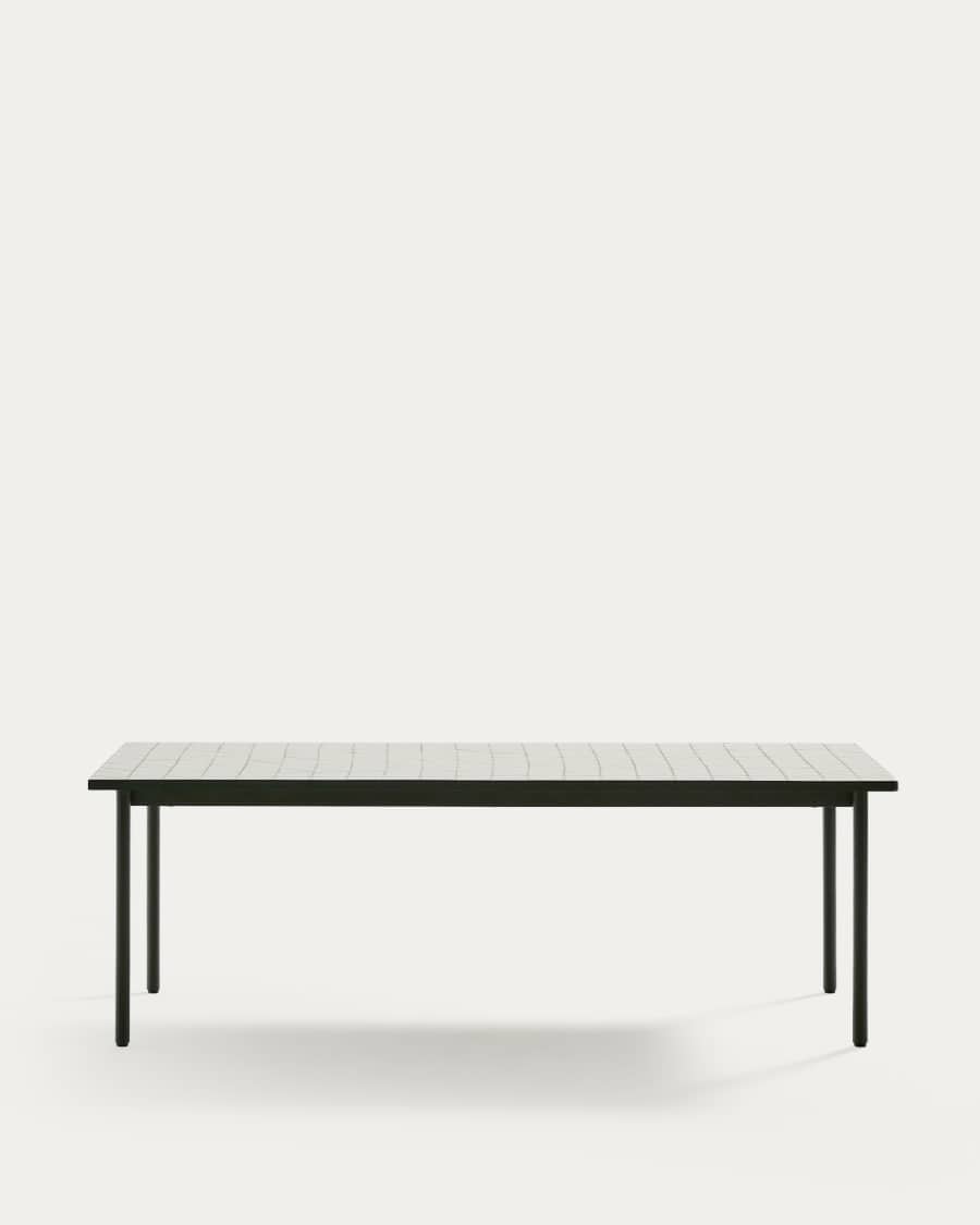 Maurina outdoor table in green galvanised steel with ecru-colored tiles 223 x 101cm
