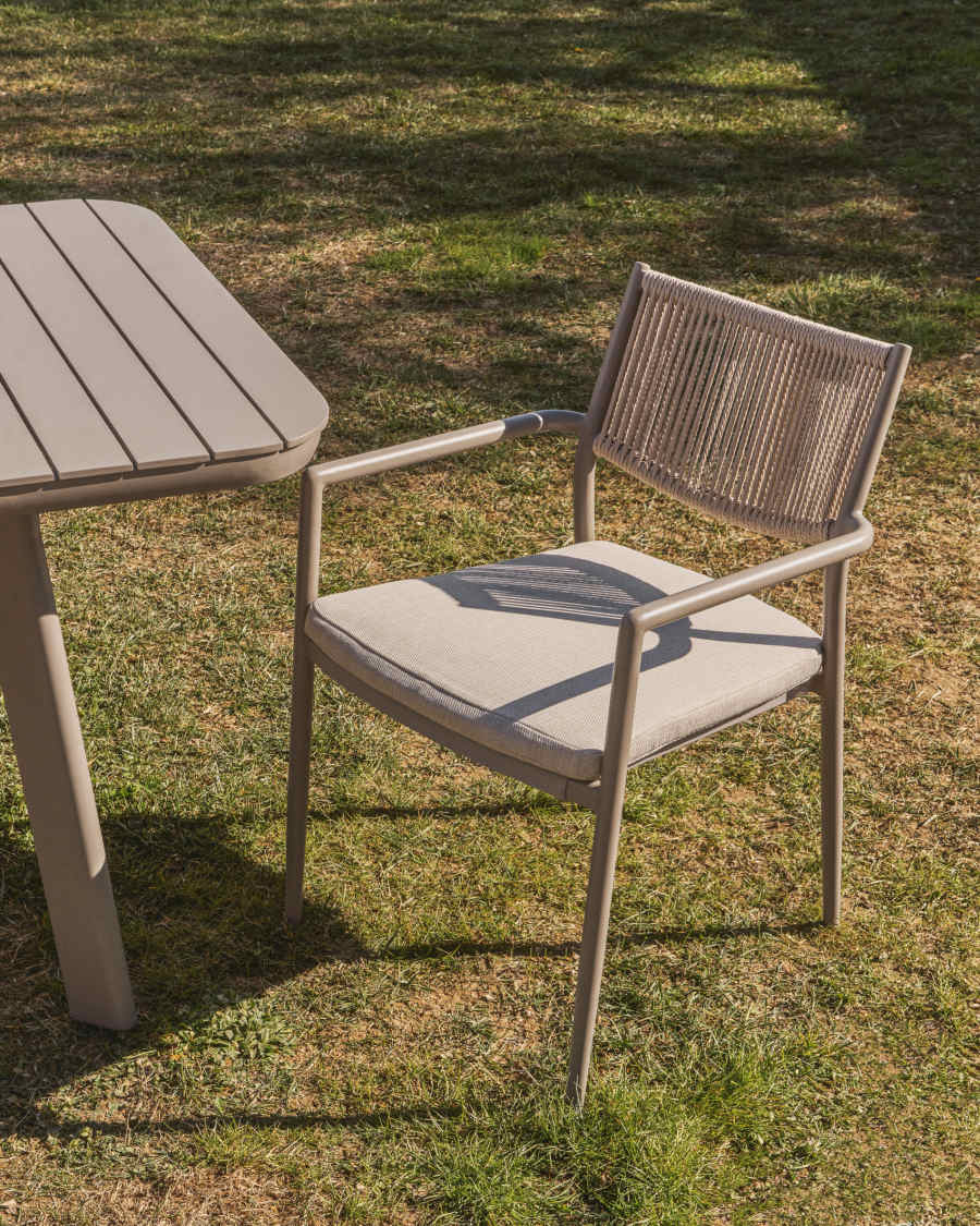 Argasi stackable outdoor chair in taupe aluminium and beige synthetic rope cord