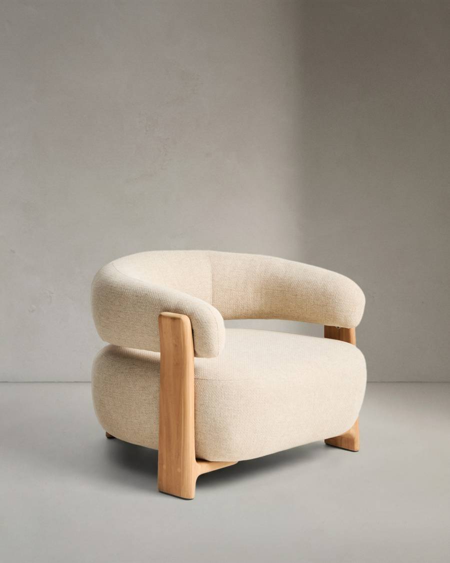Granite outdoor armchair in beige with legs in FSC 100% solid teak wood in a natural finish