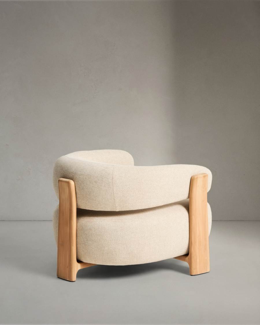 Granite outdoor armchair in beige with legs in FSC 100% solid teak wood in a natural finish